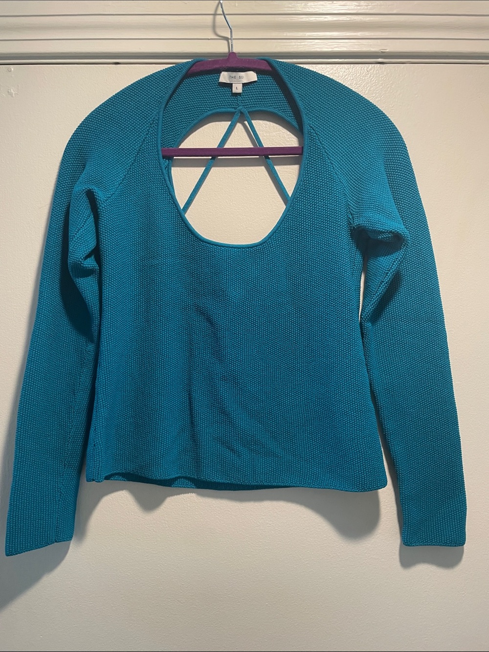 THE SEI Teal Textured Knit Cutout Back Criss Cross Strappy Top